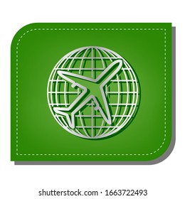 Globe and plane travel sign. Silver gradient line icon with dark green shadow at ecological patched green leaf. Illustration.
