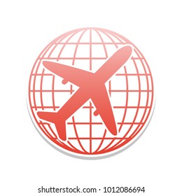 Globe and plane travel sign. Vector. Reddish icon with white and gray shadow on white background. Isolated.