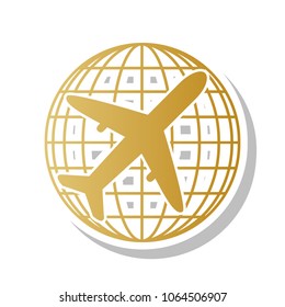 Globe and plane travel sign. Vector. Golden gradient icon with white contour and rotated gray shadow at white background.