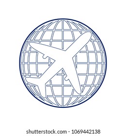 Globe and plane travel sign. Vector. Flat style black icon on white.