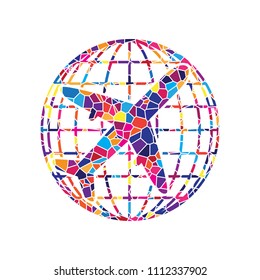 Globe and plane travel sign. Vector. Stained glass icon on white background. Colorful polygons. Isolated.