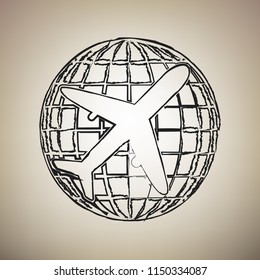 Globe and plane travel sign. Vector. Brush drawed black icon at light brown background.
