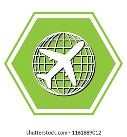Globe and plane travel sign. Vector. White icon with black shadow at yellow green honeycomb on white background.
