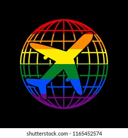 Globe and plane travel sign. Vector. Icon with colors of LGBT flag at black background.