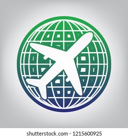 Globe and plane travel sign. Vector. Green to blue gradient contour icon at grayish background with light in center.