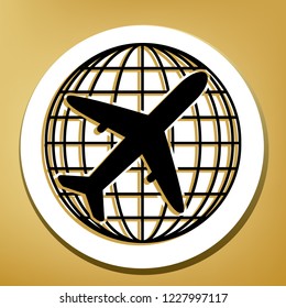 Globe and plane travel sign. Vector. Black icon with light brown shadow in white circle with shaped ring at golden background.