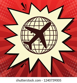 Globe and plane travel sign. Vector. Dark red icon in lemon chiffon shutter bubble at red popart background with rays.