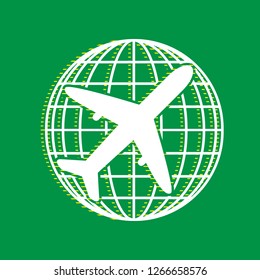 Globe and plane travel sign. Vector. White flat icon with yellow striped shadow at green background.