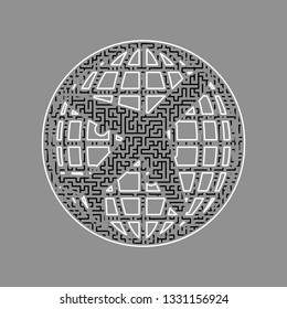 Globe and plane travel sign. Vector. Black maze filled icon with white border at gray background.