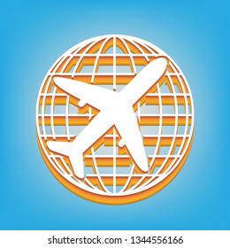 Globe and plane travel sign. Vector. White icon with 3d warm-colored gradient body at sky blue background.