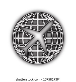 Globe and plane travel sign. Vector. Double contour black icon with soft shadow at white background. Isolated.