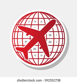 Globe and plane travel sign. Vector. New year reddish icon with outside stroke and gray shadow on light gray background.