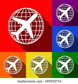 Globe and plane travel sign. Vector. Set of icons with flat shadows at red, orange, yellow, green, blue and violet background.