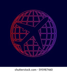 Globe and plane travel sign. Vector. Line icon with gradient from red to violet colors on dark blue background.
