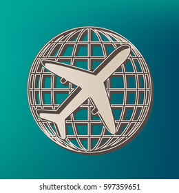 Globe and plane travel sign. Vector. Icon printed at 3d on sea color background.