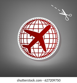 Globe and plane travel sign. Vector. Red icon with for applique from paper with shadow on gray background with scissors.