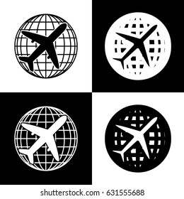 Globe and plane travel sign. Vector. Black and white icons and line icon on chess board.