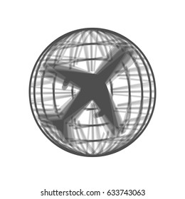 Globe and plane travel sign. Vector. Gray icon shaked at white background.