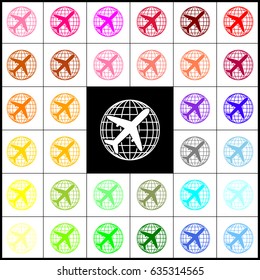 Globe and plane travel sign. Vector. Felt-pen 33 colorful icons at white and black backgrounds. Colorfull.