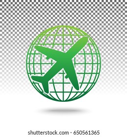 Globe and plane travel sign. Vector. Green gradient icon with shadow at bottom on transparent and white background.
