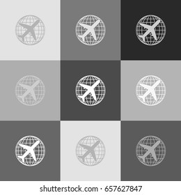 Globe and plane travel sign. Vector. Grayscale version of Popart-style icon.