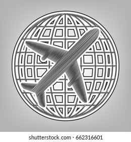 Globe and plane travel sign. Vector. Pencil sketch imitation. Dark gray scribble icon with dark gray outer contour at gray background.