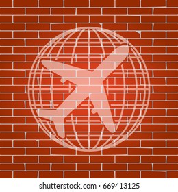 Globe and plane travel sign. Vector. Whitish icon on brick wall as background.