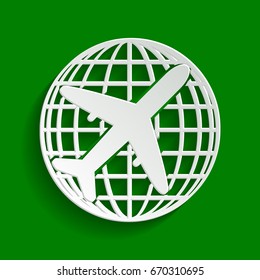Globe and plane travel sign. Vector. Paper whitish icon with soft shadow on green background.