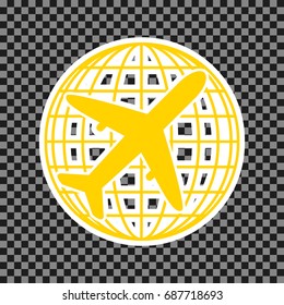 Globe and plane travel sign. Vector. Yellow icon with white contour on dark transparent background.
