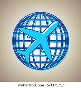 Globe and plane travel sign. Vector. Sky blue icon with defected blue contour on beige background.