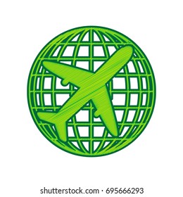 Globe and plane travel sign. Vector. Lemon scribble icon on white background. Isolated