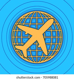 Globe and plane travel sign. Vector. Sand color icon with black contour and equidistant blue contours like field at sky blue background. Like waves on map - island in ocean or sea.