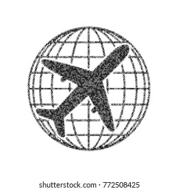 Globe and plane travel sign. Vector. Black icon from many ovelapping circles with random opacity on white background. Noisy. Isolated.