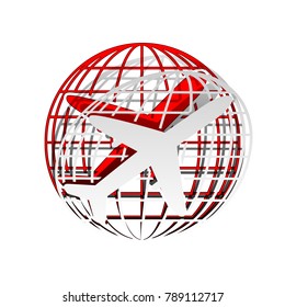 Globe and plane travel sign. Vector. Detachable paper icon with red body stock. Isolated.