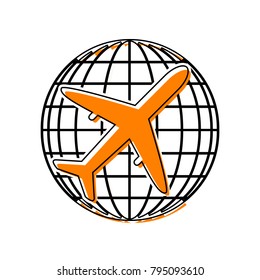 Globe and plane travel sign. Vector. Black line icon with shifted flat orange filled icon on white background. Isolated.