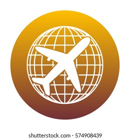 Globe and plane travel sign. White icon in circle with golden gradient as background. Isolated.