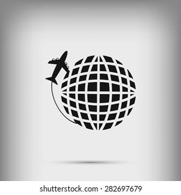 Globe and plane travel vector icon