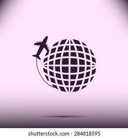 Globe and plane travel vector icon