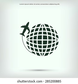 Globe and plane travel vector icon