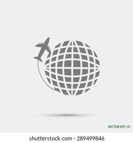 Globe and plane travel vector icon