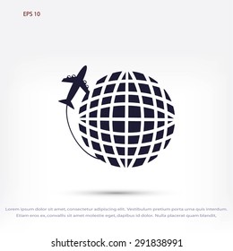 Globe and plane travel vector icon