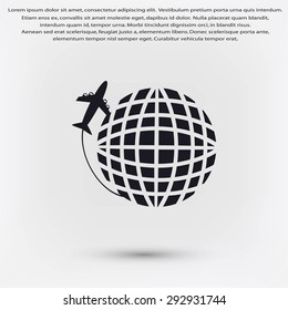 Globe and plane travel vector icon
