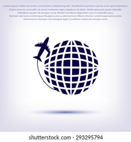 Globe and plane travel vector icon