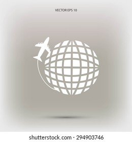 Globe and plane travel vector icon
