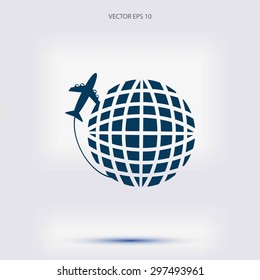 Globe and plane travel vector icon