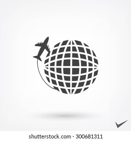 Globe and plane travel vector icon