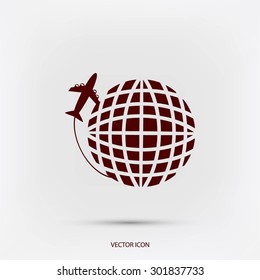 Globe and plane travel vector icon