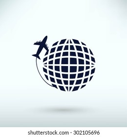 Globe and plane travel vector icon