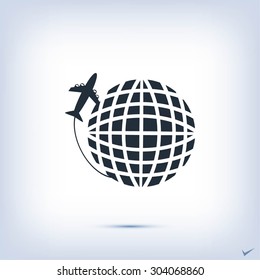 Globe and plane travel vector icon