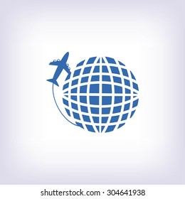 Globe and plane travel vector icon